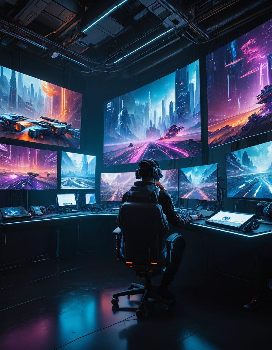 A futuristic gaming landscape featuring a software engineer immersed in virtual reality, surrounded by holographic screens displaying coding tutorials and gaming interfaces. Include elements of advanced technology like floating data streams and robotic companions. The atmosphere should be vibrant and energetic, showcasing a blend of gaming culture with a touch of high-tech engineering. cyberpunk. vibrant colors. 3D.