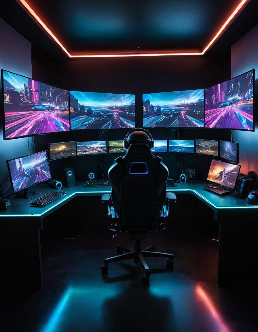 A futuristic gaming setup featuring multiple virtual machines displayed on sleek monitors, surrounded by vibrant LED lights. Integrate elements of gaming culture, like controllers, a VR headset, and digital landscapes emerging from the screens. Include a focused gamer at the center, skillfully navigating through a matrix of windows and virtual environments. The atmosphere should be immersive and energetic. cyberpunk. vibrant colors. 3D.