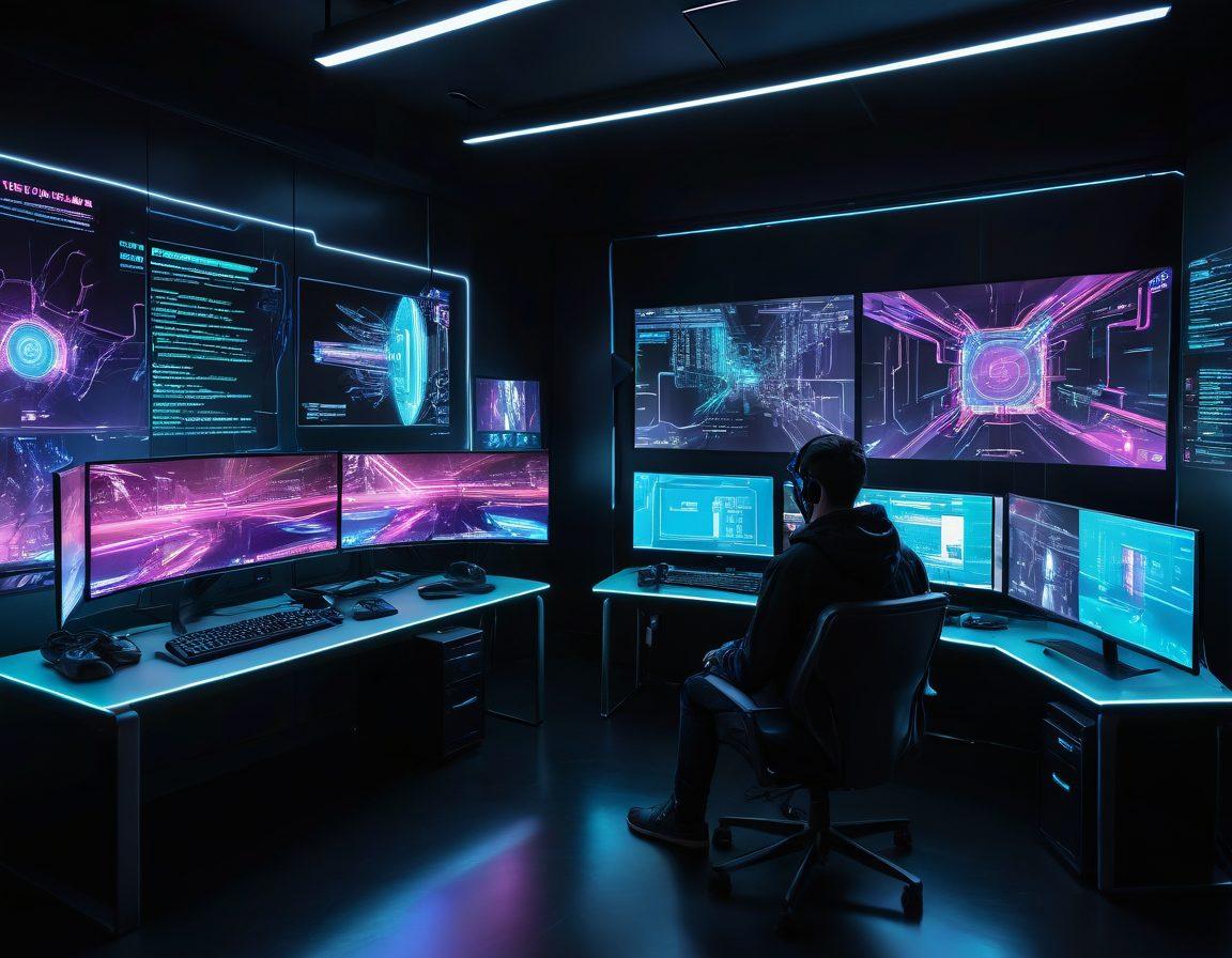 An imaginative fusion of a futuristic gaming environment and software development elements, featuring a computer with code on the screen and gaming consoles in the background. In the foreground, a person immersed in a virtual experience, surrounded by holographic displays of emulation and virtualization tools. The atmosphere should feel dynamic and tech-forward, filled with neon colors and sleek designs. cyberpunk aesthetic. vibrant colors. high-tech ambiance.